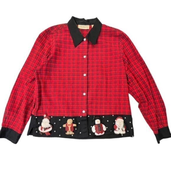 Lemon grass Tops - Christmas Shirt‎ Womens Button Up Red Checkered 3D Winter Dolls EUC Lemon Grass